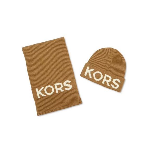 MICHAEL KORS Fisherman's rib knit women's winter scarf  +beanie hat TAN-2 PC SET - Picture 1 of 13